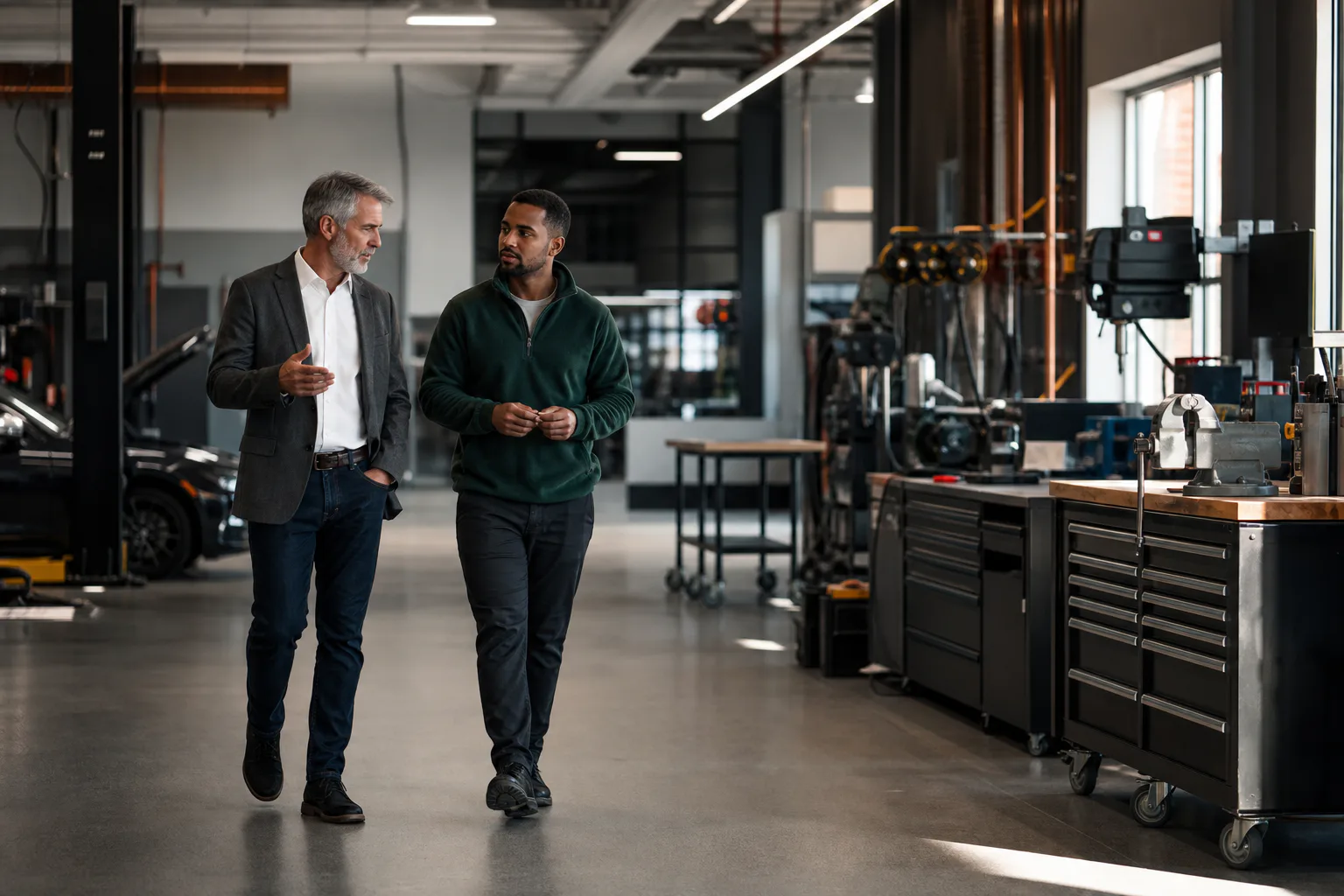 Two business leaders discussing operations inside a modern service facility